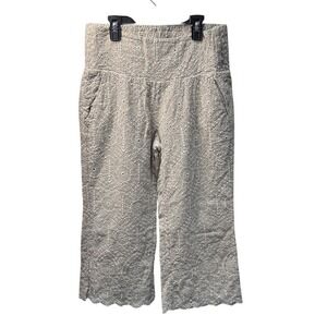 Sundance Eyelet Cropped Pants Beige Embroidered Elastic Waist Women's Size M